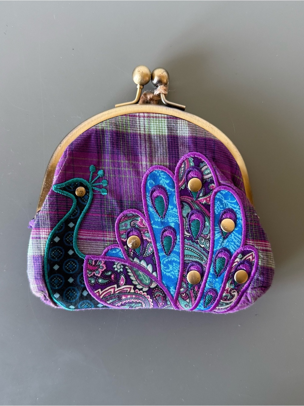 NWT Karma Peacock Plaid Peacock Embroidered kiss-lock Coin Purse wallet